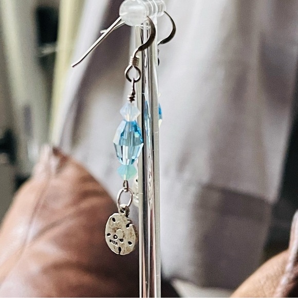 Sterling Silver Sand Dollar Blue Crystal Drop Dangle Earrings - Picture 5 of 8